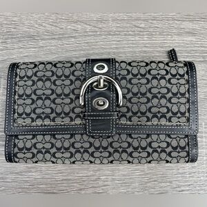 Coach Black and Gray Signature Canvas Continental Wallet